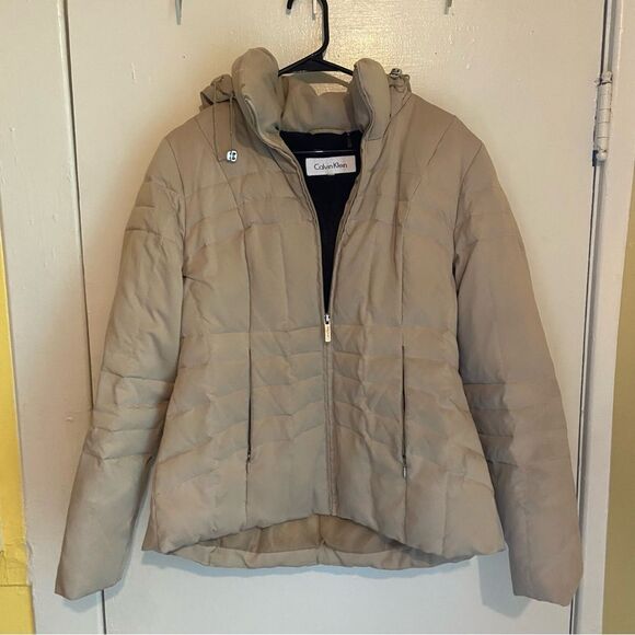 Calvin Klein Women’s Hooded Puffer Jacket Fleece Lined PM Beige Tan - Picture 1 of 8